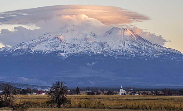 Loree Johnson Poster featuring the photograph Mount Shasta and Little Shasta Church by Loree Johnson