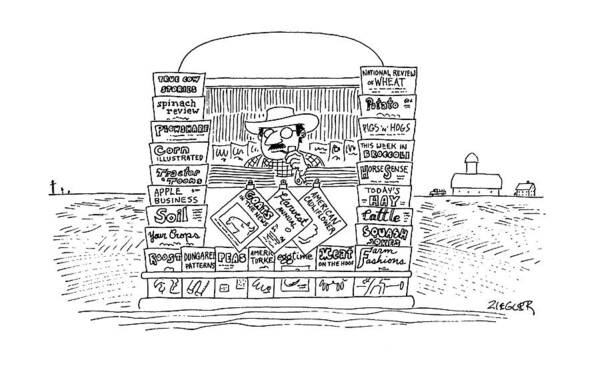 (newsstand Manned By Man In Cowboy Hat Smoking A Pipe. He Sells Farm Magazines Such As 'corn Illustrated Poster featuring the drawing New Yorker October 13th, 1975 by Jack Ziegler