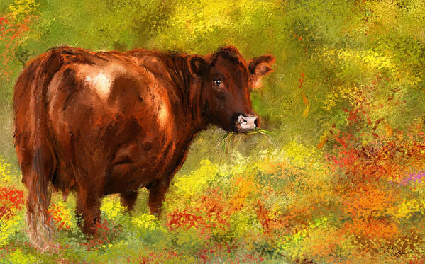 Red Devon Cattle Poster featuring the painting Red Devon Cattle - Red Devon Cattle in a Farm Scene- Cow Art by Lourry Legarde