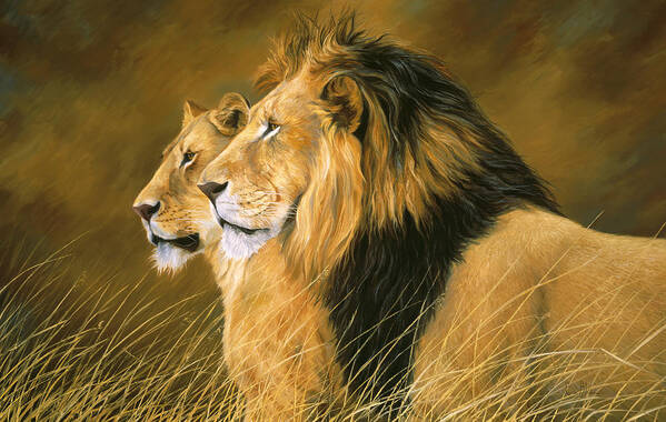 Lion Poster featuring the painting Side by Side by Lucie Bilodeau