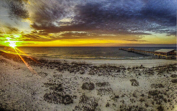 Alabama Poster featuring the digital art Sunrise Pier and Sun by Michael Thomas