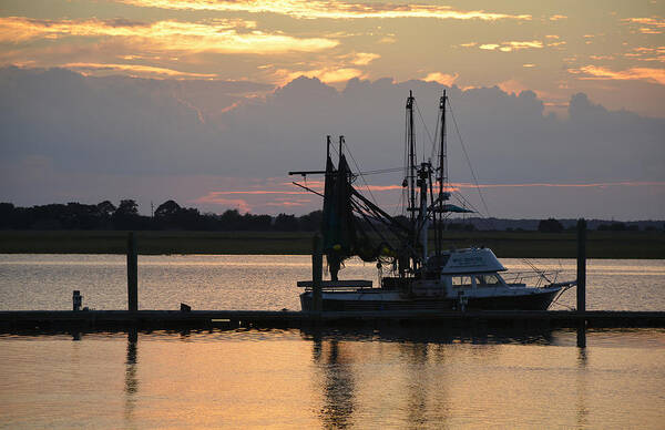 Jekyll Poster featuring the photograph Sunset on Jekyll Island with Docked Boat by Bruce Gourley