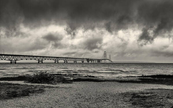 Architecture Poster featuring the photograph The Mackinac Bridge B W by John M Bailey
