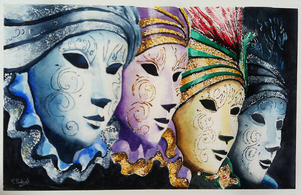 Watercolor.watercolour Poster featuring the painting Venetian masks by Steven Ponsford