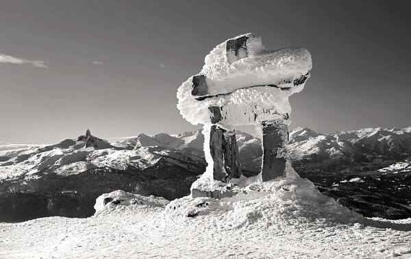 Inuksuk Poster featuring the photograph Whistler summit Inukshuk Black and White by Pierre Leclerc Photography