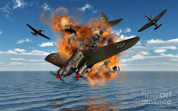 Motion Poster featuring the digital art A German Heinkel Bomber Crashes by Mark Stevenson