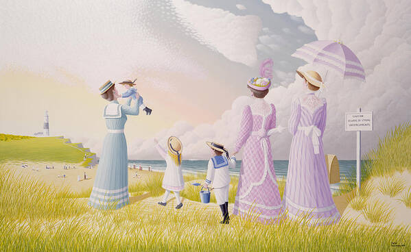 Beach; Lighthouse; Edwardian; Bucket And Spade;sailor Suit; Straw Boater; Parasol; Woman; Women; Child; Children; Dress; Dresses; Hat; Hats; Playing; Grass; Grassy; Green; Dune; Dunes; Stroll; Walk; Cloud; Clouds; Sand Poster featuring the painting A Stroll on the Dunes by Peter Szumowski 
