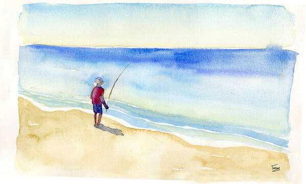 Watercolor Poster featuring the painting Fishing Alone by Catherine Twomey