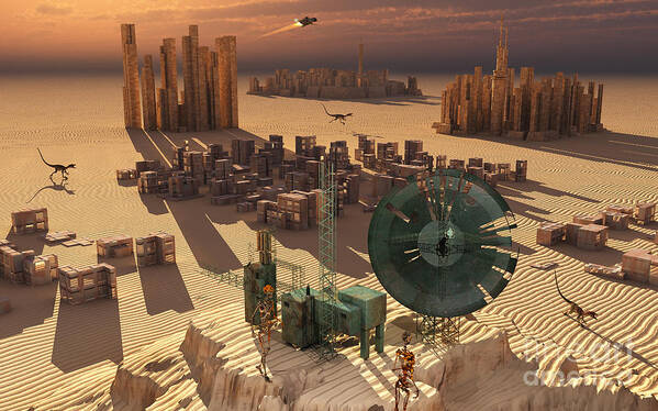 Futuristic Poster featuring the digital art Robots Maintain A Forgotten Colony by Mark Stevenson