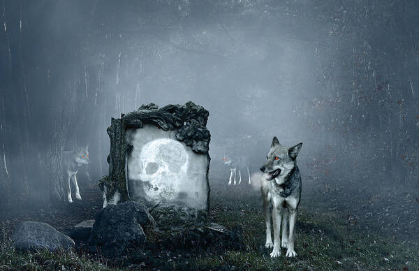 Autumn Poster featuring the photograph Wolves guarding an old grave by Jaroslaw Grudzinski