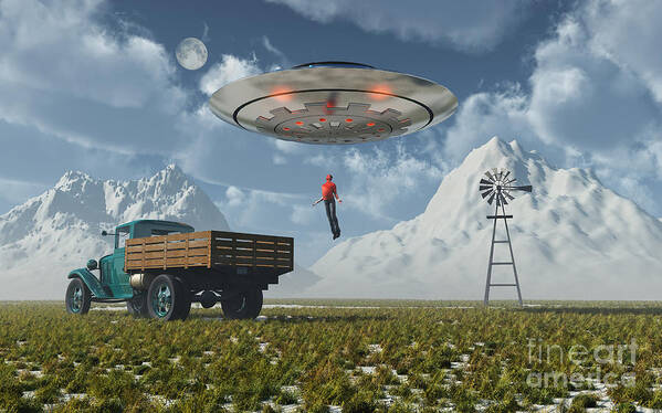 Artwork Poster featuring the digital art Aliens Abducting A Man Into A Flying #1 by Mark Stevenson