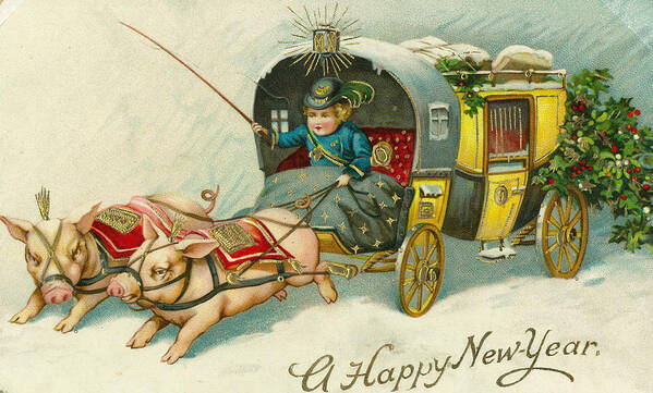 Poster featuring the mixed media Pigs And Carriage #1 by Artist from the past