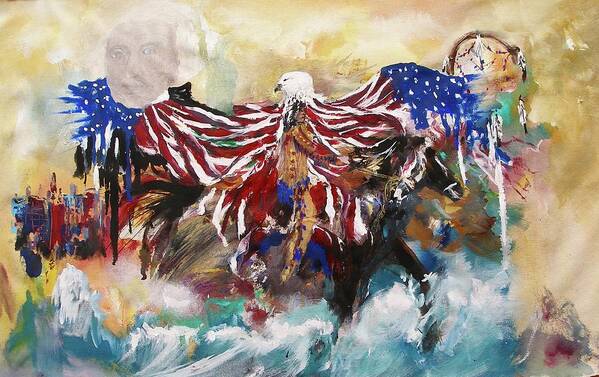 American Pride Flag Eagle Indian Horse New York George Washington President History Wave Ocean Abstract Painting Indian Symbol City Statue Liberty Freedom Blue Red White American Eagle Miroslaw Chelchowski Poster featuring the painting American Pride by Miroslaw Chelchowski