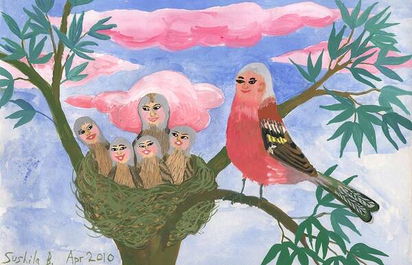 Bird People Poster featuring the painting Bird people The Chaffinch Family by Sushila Burgess