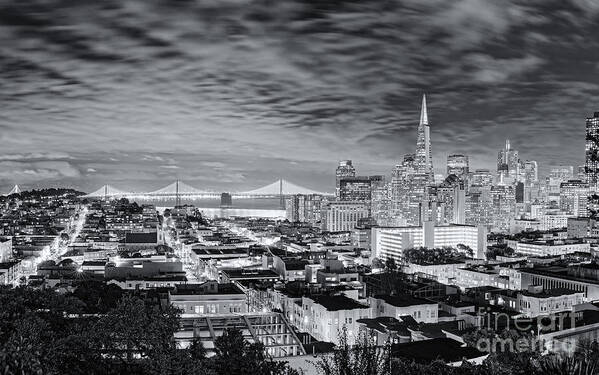 Downtown Poster featuring the photograph Black and White Panorama of San Francisco Skyline and Oakland Bay Bridge from Ina Coolbrith Park by Silvio Ligutti