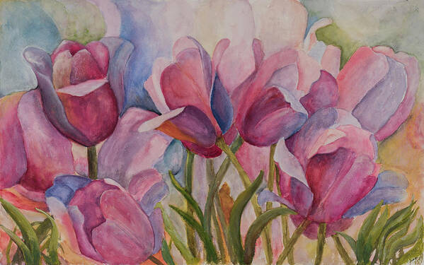 Floral Poster featuring the painting Blue and Pink Tulips by Nadine Button