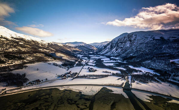 Dji Poster featuring the photograph Bognelva River and Village at the Langfjorden Aerial Norway by Adam Rainoff