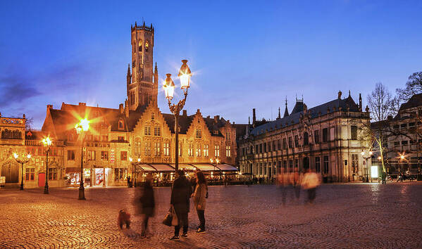 Bruges Poster featuring the photograph Burg Square at Night - Bruges by Barry O Carroll