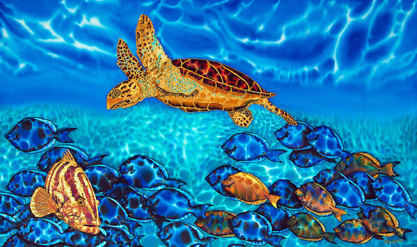 Turtle Poster featuring the painting Caribbean Sea Turtle and Reef Fish by Daniel Jean-Baptiste