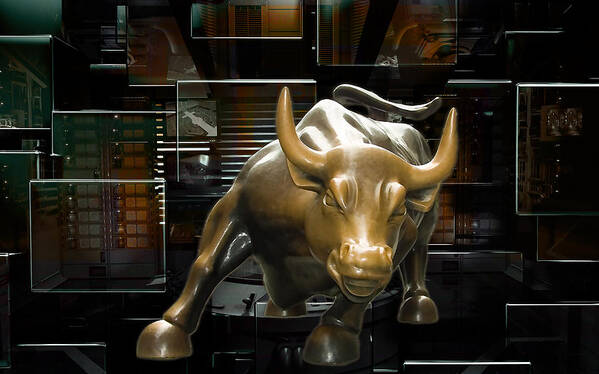 Wall Street Bull Poster featuring the mixed media Charging Bull by Marvin Blaine