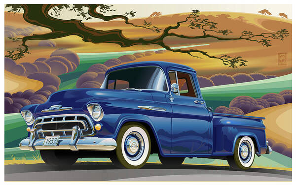 1957 Chevrolet 3100 Truck Poster featuring the digital art 1957 Chevrolet 3100 Truck Under a California Oak by Garth Glazier