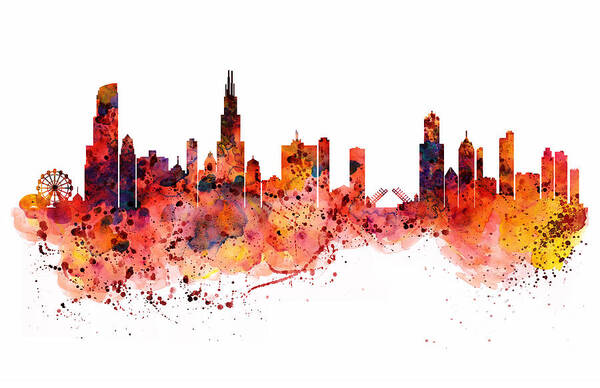 Chicago Poster featuring the painting Chicago watercolor skyline by Marian Voicu