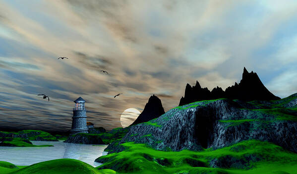  Poster featuring the digital art Early morning ocean Lighthouse scene by John Junek