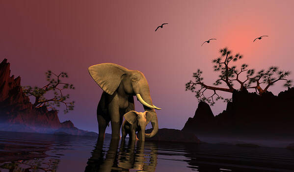 Artwork Poster featuring the digital art Elephants at the water hole by John Junek