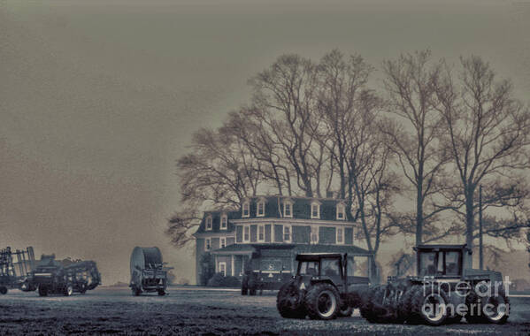 Farm Poster featuring the photograph Farmhouse in Morning Fog by Sandy Moulder