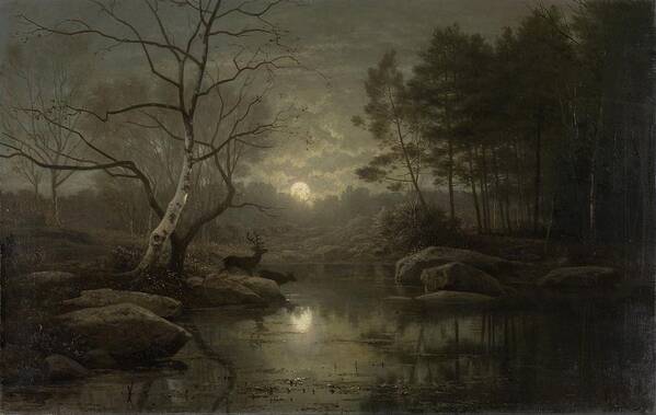 Forest Landscape In The Moonlight Poster featuring the painting Forest Landscape in the Moonlight by MotionAge Designs