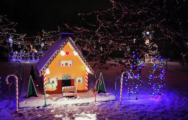 Christmas Lights Poster featuring the photograph Gingerbread House at Lilacia Park by Joni Eskridge