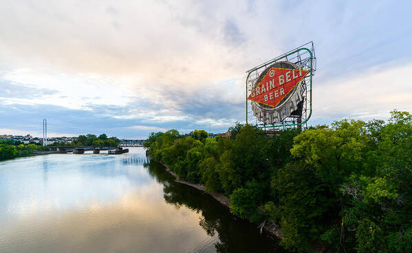 15mm_voigtlander Poster featuring the photograph Grain Belt Beer sign on River by Mike Evangelist