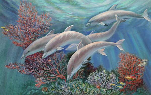 Dolphin Poster featuring the painting Happy Family - Dolphins Are Awesome by Svitozar Nenyuk