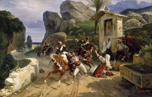 Horace Vernet Poster featuring the painting Italian Brigands Surprised by Papal Troops by Horace Vernet
