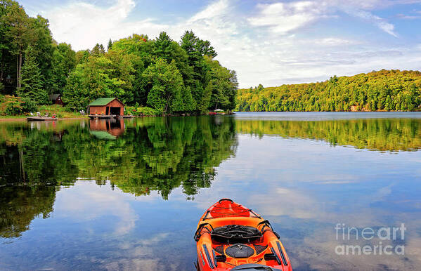 Kayak Poster featuring the photograph Kayak and Cottages in Gatineau Park by Charline Xia