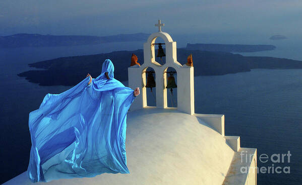 Person Poster featuring the photograph Lady In Blue Santorini Greece by Bob Christopher