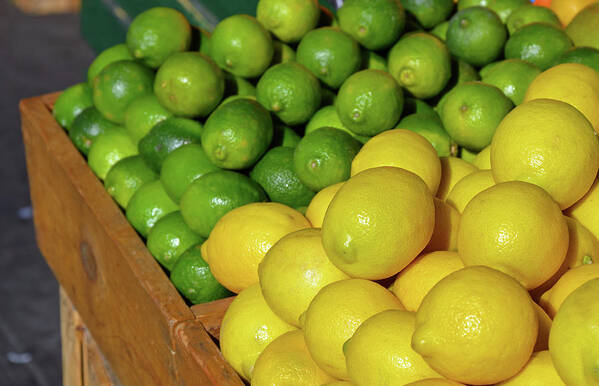 Lemon Poster featuring the photograph Lemons and limes at market by Ingrid Perlstrom