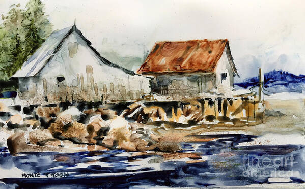 Aged Buildings In A Coastal Fishing Inlet At Low Tide. Poster featuring the painting Low Tide by Monte Toon