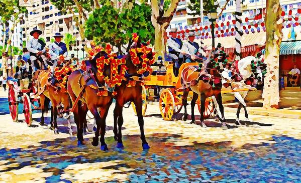 May Day Fair Poster featuring the mixed media May Day Fair in Sevilla, Spain by Tatiana Travelways