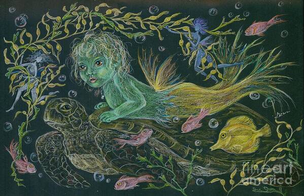 Turtle Poster featuring the drawing Merbaby Green by Dawn Fairies