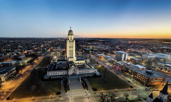  Poster featuring the photograph Nebraska State Capitol Sunset - wide angle by Mark Dahmke