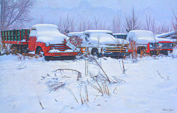 Truck Poster featuring the photograph Old Trucks in Snow by Anna Louise