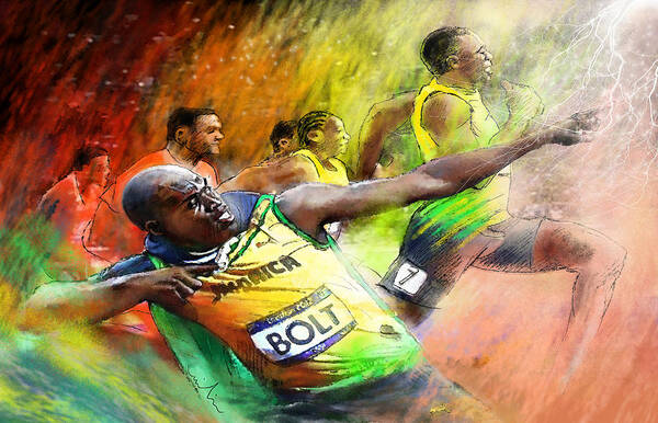 Sports Poster featuring the painting Olympics 100 m Gold Medal Usain Bolt by Miki De Goodaboom