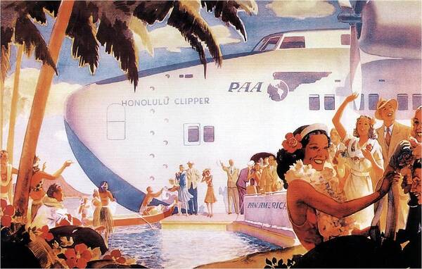 Pan American Poster featuring the mixed media Pan American Airways - Hawaiians Greeting People - Retro travel Poster - Vintage Poster by Studio Grafiikka