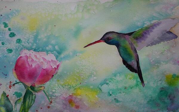 Flower Poster featuring the painting Peony and hummingbird by Ruth Kamenev
