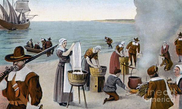 1620 Poster featuring the photograph Pilgrims Washing Day, 1620 by Granger