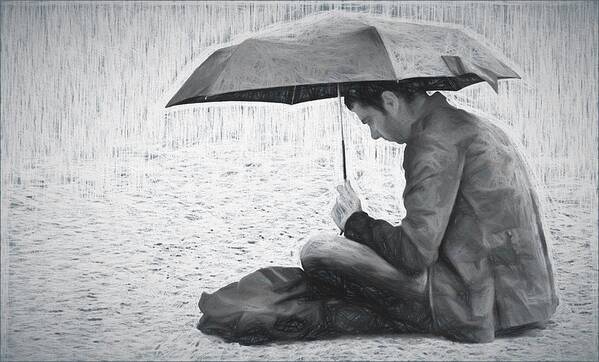 Man Poster featuring the photograph Reading in the Rain - Umbrella by Nikolyn McDonald