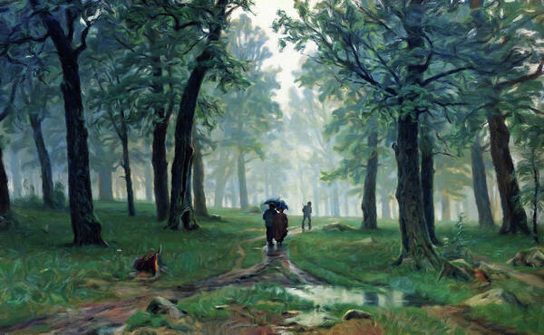 Romantic Forest Walk In The Rain Poster featuring the painting Romantic Forest Walk In The Rain by Georgiana Romanovna