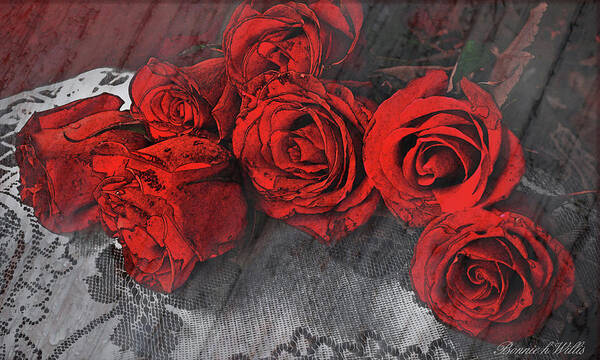 A Photo Of Red Roses Lying On A Lace Scarf With Texture Applied. Poster featuring the photograph Roses on Lace by Bonnie Willis