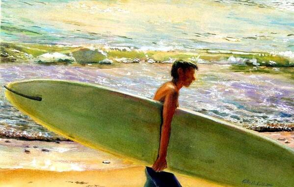Surfing Surfboard Surf Art Ocean Landscape Sea California Surfer Color Coastal Atmosphere Poster featuring the painting San O Man by Kathy Dueker